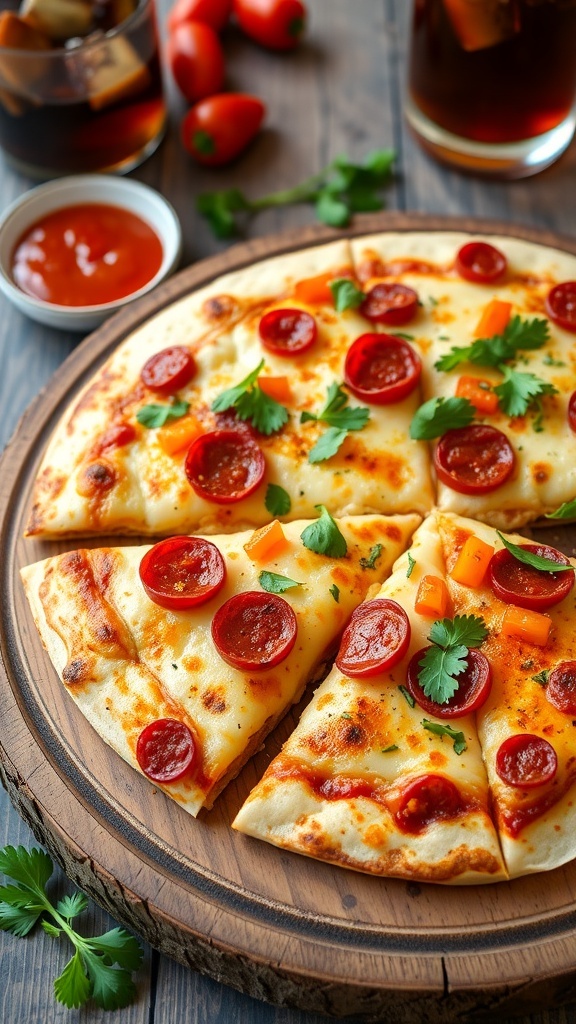 A cheesy quesadilla pizza with pepperoni and bell peppers, served on a wooden board with marinara sauce.